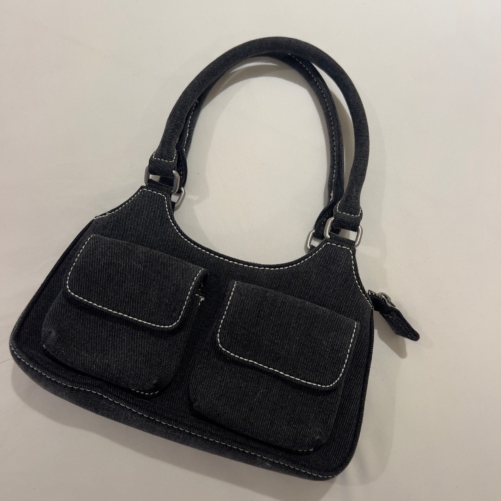 Unbranded‎ Black Denim Y2K Shoulder Bag Contrast Stitch Cargo Pockets Mini Purse